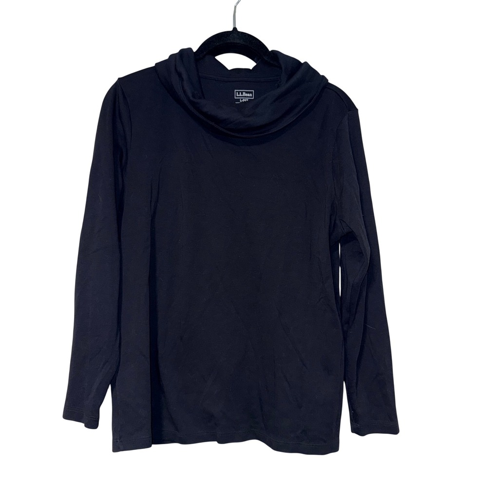 L.L. Bean Minimalist Cowl Neck Top Womens Large Petite Black Supima Cotton - Picture 2 of 3